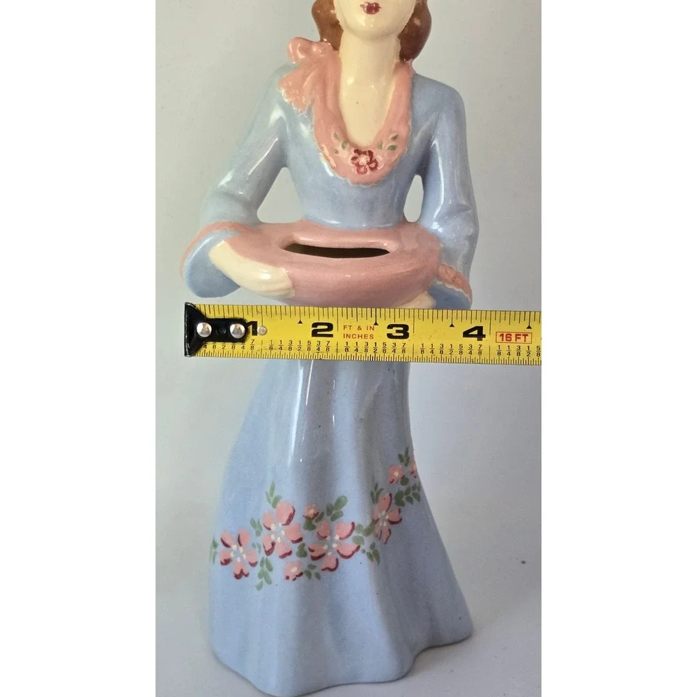 Vintage Lady Vase Blue Dress Pink Floral 1940-50's Weil Ware California 3053 MCM